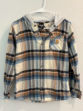 Carhartt Kids Blue, Brown & Cream Plaid Button-Down Hooded Shirt (size 10-12)